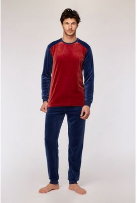 Woody - Donkerrode pyjama in velours met blauwe mouwen en broek