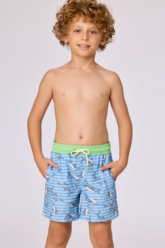 Woody - Blauwe zwemshort van geweven katoen met haaienprint