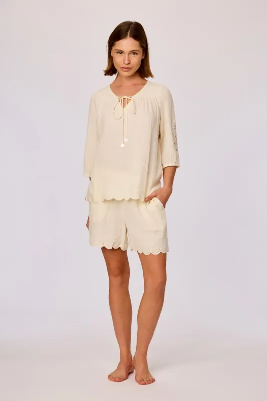 Woody - Zomermode - Ecru set van geweven katoen - 100% Katoen