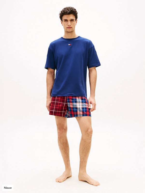 Tommy Hilfiger Heren Pyjama – T-shirt &amp; Geweven Short – 100% Katoen – Comfort Fit - preppy navy/ heritage plaid clash