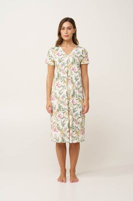 Vamp  – Zomernachthemd met korte mouwen en bloemenprint – Wit multicolor - Micromodal