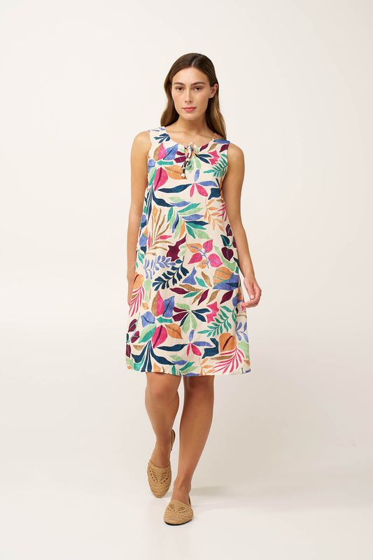 Vamp Zomerjurk met kleurrijke bladerenprint – Luchtige damesjurk zonder mouwen met strikdetail – Multicolor