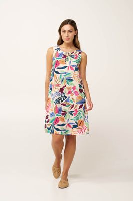 Vamp Zomerjurk met kleurrijke bladerenprint – Luchtige damesjurk zonder mouwen met strikdetail – Multicolor