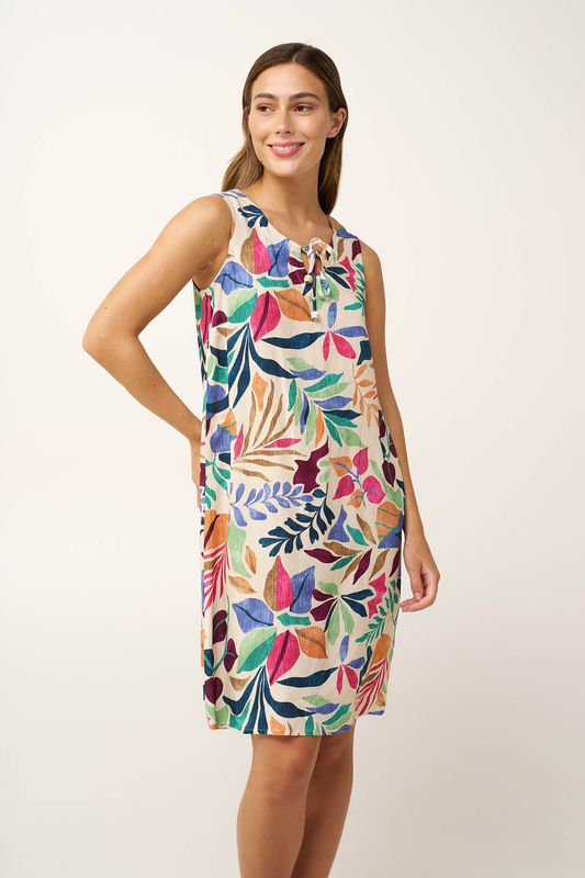 Vamp Zomerjurk met kleurrijke bladerenprint – Luchtige damesjurk zonder mouwen met strikdetail – Multicolor