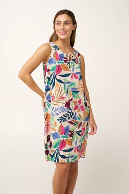Vamp Zomerjurk met kleurrijke bladerenprint – Luchtige damesjurk zonder mouwen met strikdetail – Multicolor