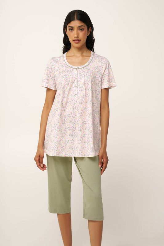 Vamp – Zomerse pyjama met korte mouwen en capribroek – 100% katoen – Roze print / groen