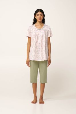 Vamp – Zomerse pyjama met korte mouwen en capribroek – 100% katoen – Roze print / groen