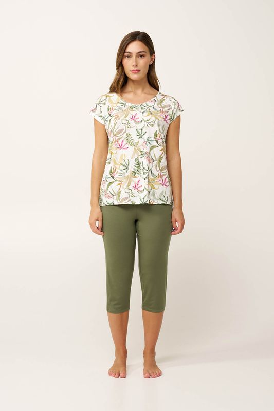 Vamp – Zomerse pyjama met bloemenprint en capribroek - Micromodal – Wit / groen
