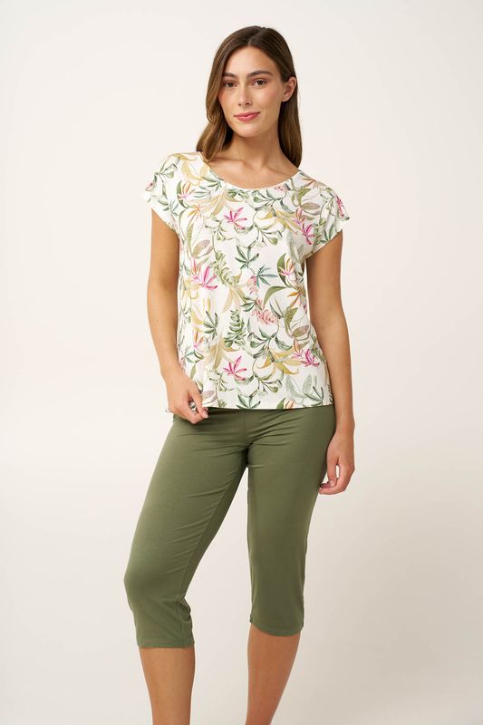 Vamp – Zomerse pyjama met bloemenprint en capribroek - Micromodal – Wit / groen
