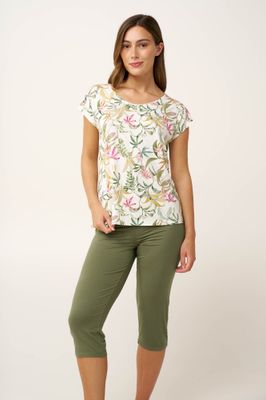 Vamp – Zomerse pyjama met bloemenprint en capribroek - Micromodal – Wit / groen