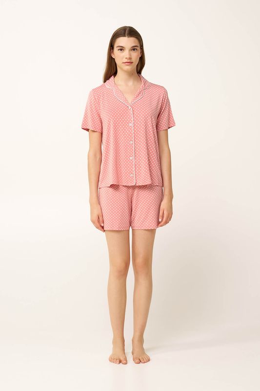 Vamp  - Damespyjama micromodal – Pyjama met korte mouwen en short – Roze met witte stippen