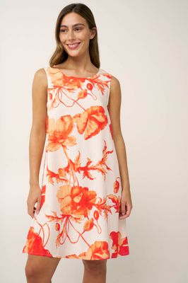 Vamp Zomerjurk dames – Luchtige jurk met bloemenprint en ronde hals – Wit/Oranje