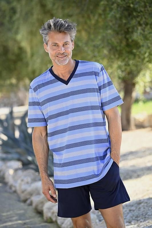 Ringella - Heren Shorty Pyjama – V-hals – 100% Katoen – Gestreept T-shirt &amp; Short – Comfortabel