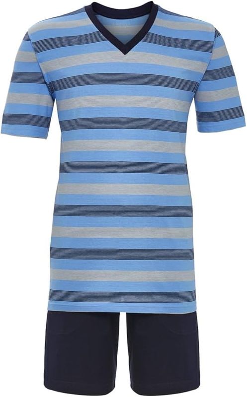 Ringella - Heren Shorty Pyjama – V-hals – 100% Katoen – Gestreept T-shirt &amp; Short – Comfortabel