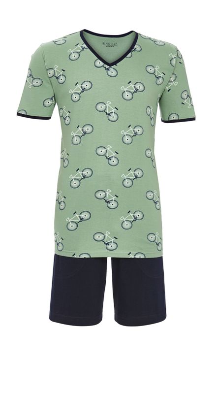 Ringella - Heren Shorty Pyjama – Fietsprint – V-hals – 100% Katoen – Zomers &amp; Comfortabel
