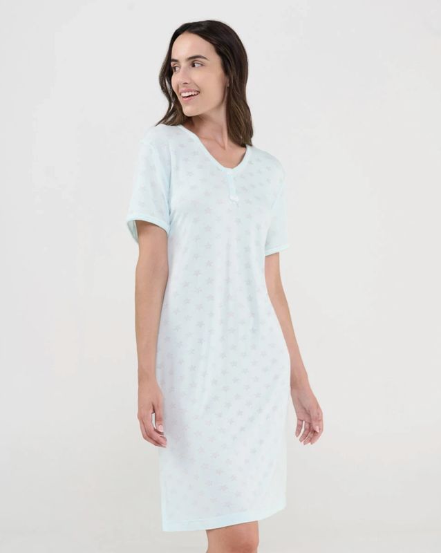Lohe - Dames Nachthemd met Korte Mouwen – Sterrenprint – Lichtgroen – Zacht &amp; Comfortabel