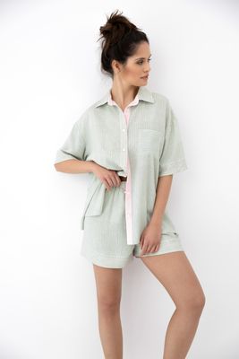 Sensis  - Simona pyjama dames – 2-delige set – katoenmix – gestreept – hemd met knoopjes &amp; short – luchtig en comfortabel