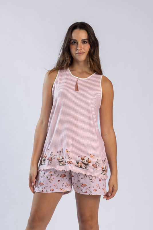 Mira - Dames shortama met gestreepte top en puppyprint – roze zomerse pyjama set – 50% katoen / 50% polyester