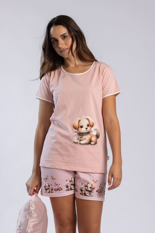 Mira - Dames shortama met schattige puppyprint – roze pyjama set met short – 50% katoen / 50% polyester