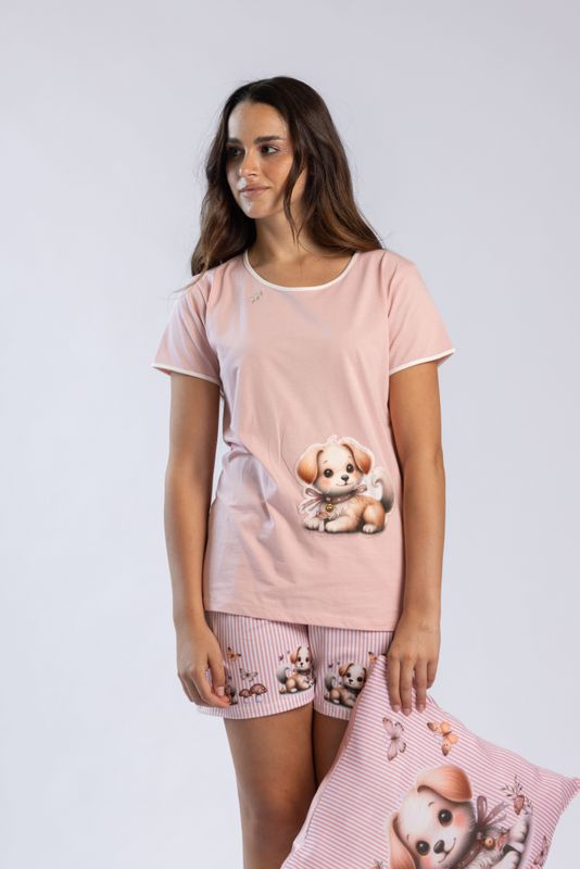 Mira - Dames shortama met schattige puppyprint – roze pyjama set met short – 50% katoen / 50% polyester