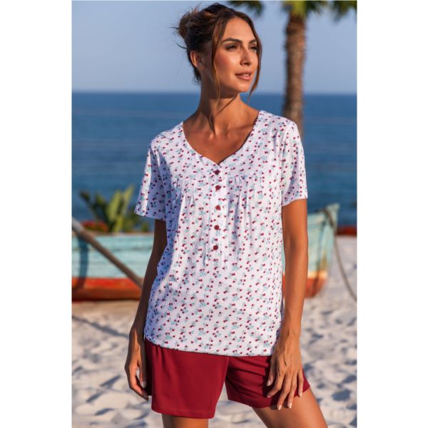 Barandi - Dames katoenen shortama Verona – luchtige pyjama met bloemenprint en bordeaux short