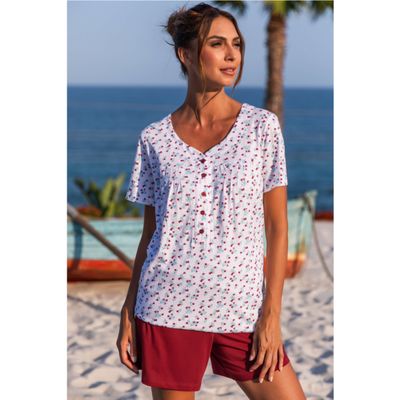 Barandi - Dames katoenen shortama Verona – luchtige pyjama met bloemenprint en bordeaux short