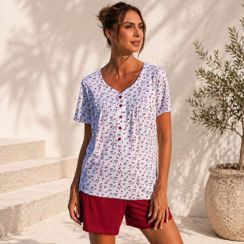 Barandi - Dames katoenen shortama Verona – luchtige pyjama met bloemenprint en bordeaux short