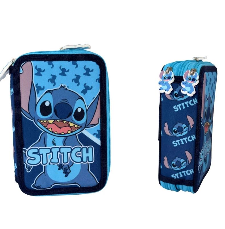 Disney Stitch Gevulde Pennenzak 3 Vakken | Dubbele Rits | Inclusief Kleurpotloden, Stiften &amp; Schoolmateriaal | Blauw
