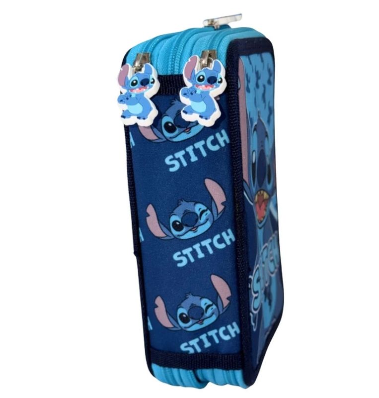 Disney Stitch Gevulde Pennenzak 3 Vakken | Dubbele Rits | Inclusief Kleurpotloden, Stiften &amp; Schoolmateriaal | Blauw