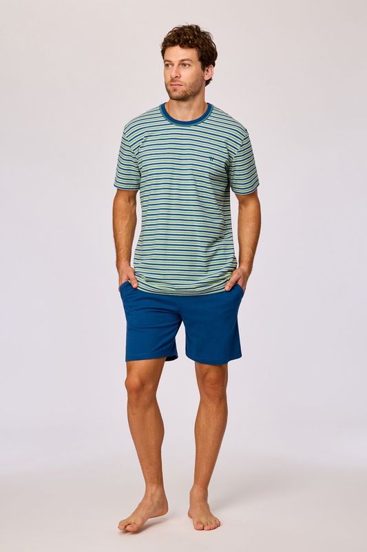 Woody - Heren Pyjama - Groen/Blauw Gestreept