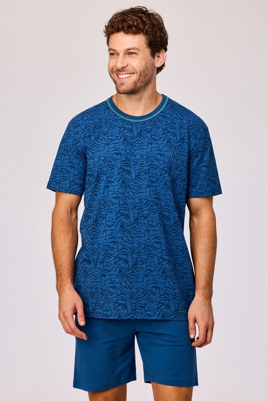 Woody - Herenpyjama - Donkerblauw Palmboom