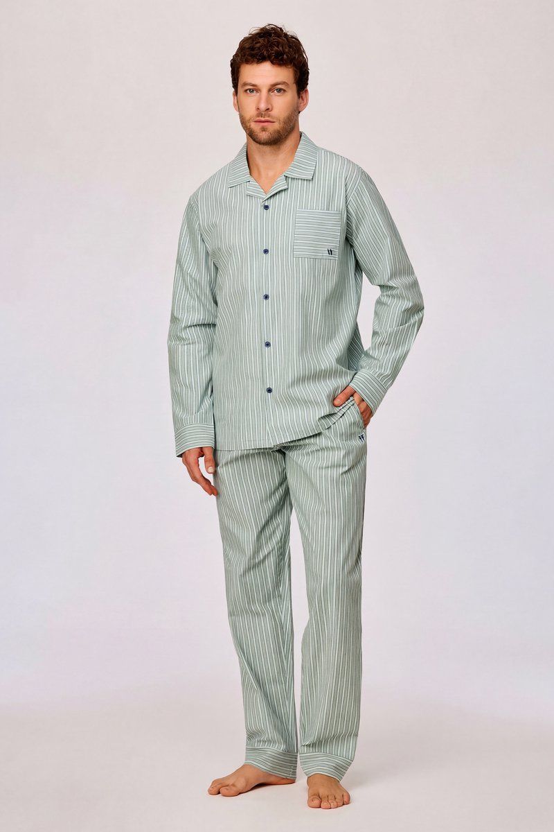 Woody - Heren Pyjama - Groene Verticale Streep