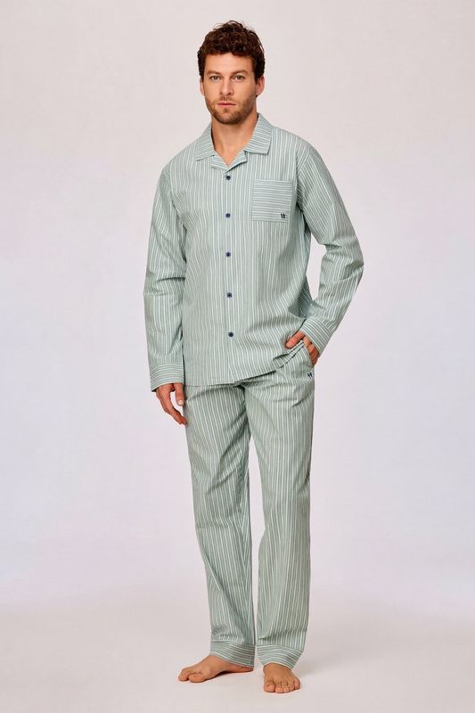 Woody - Heren Pyjama - Groene Verticale Streep