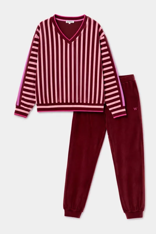Woody - Dames Huispak - Bordeaux/Roze Streep