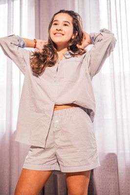 Woody - Meisjes/Dames Pyjama - Lichtgrijs Geruit