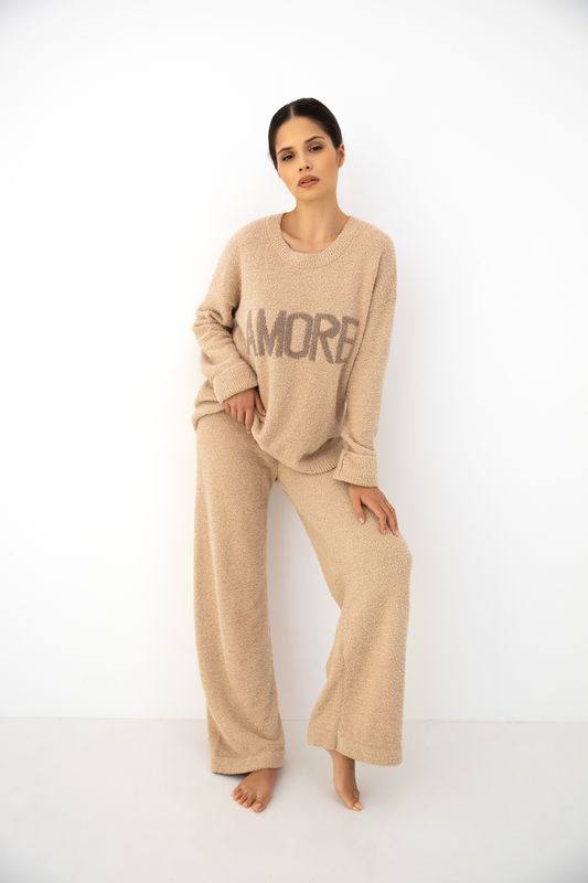 Sensis - AMORE Homewear Dames – Zachte Teddy Lounge Set met Trui &amp; Broek – Beige