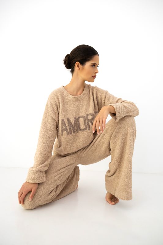 Sensis - AMORE Homewear Dames – Zachte Teddy Lounge Set met Trui &amp; Broek – Beige