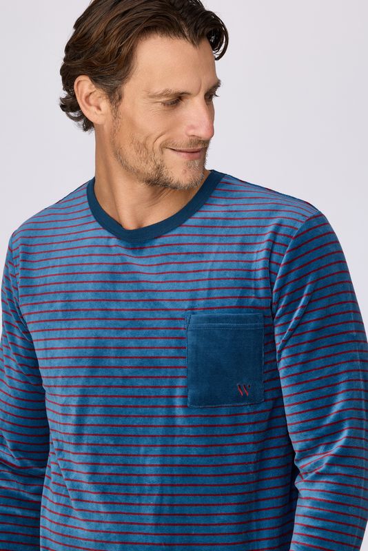 Woody - Jongens/Heren Pyjama - Blauw met Bordeaux Streep