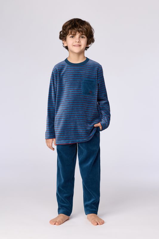 Woody - Jongens/Heren Pyjama - Blauw met Bordeaux Streep