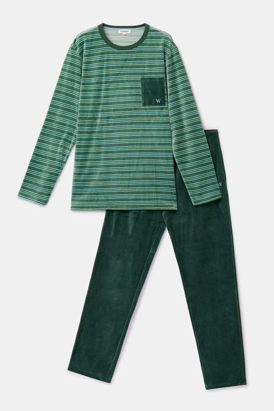 Woody - Heren Pyjama - Groen met Blauwe Streep