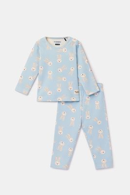 Woody - Baby Unisex Pyjama - Lichtblauw met Konijnen print