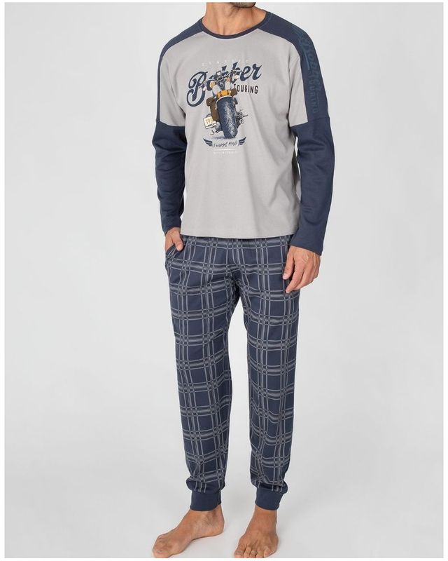 Massana – Heren Pyjama “Biker” – Grijs/Donkerblauw Geruit – 100% Katoen