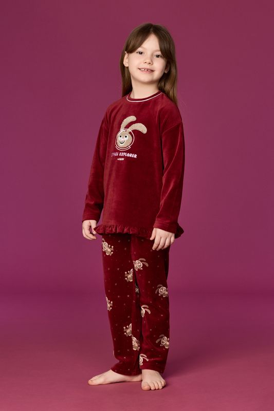Woody - Meisjes Pyjama  in velours - Bordeaux