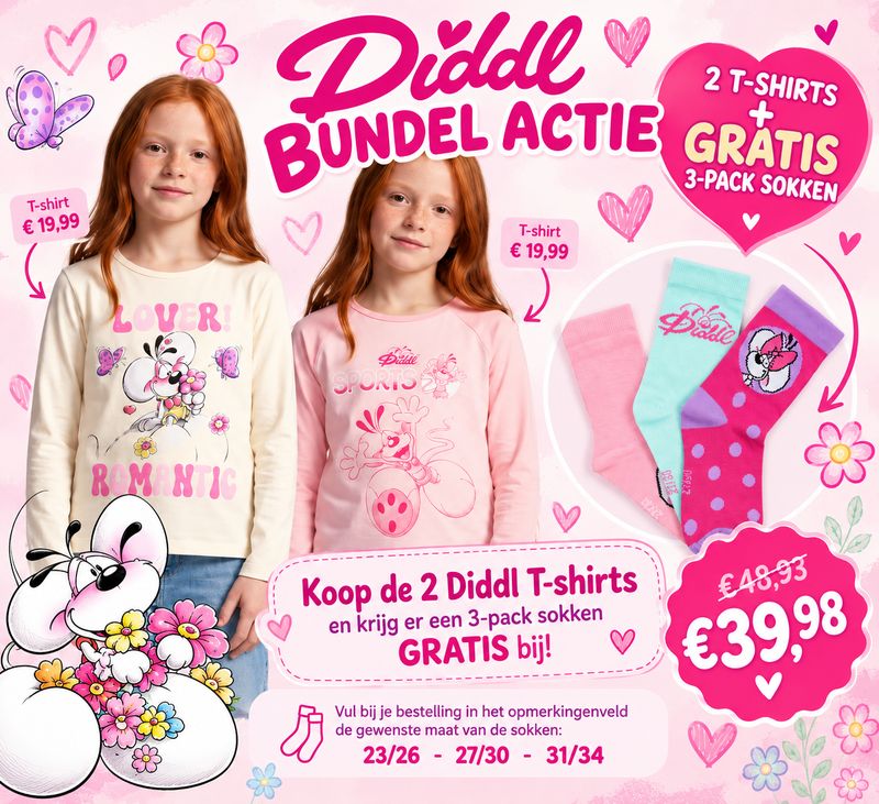Diddl Bundle Deal – 2 T-Shirts + FREE 3-Pack of Diddl Socks – €39.98