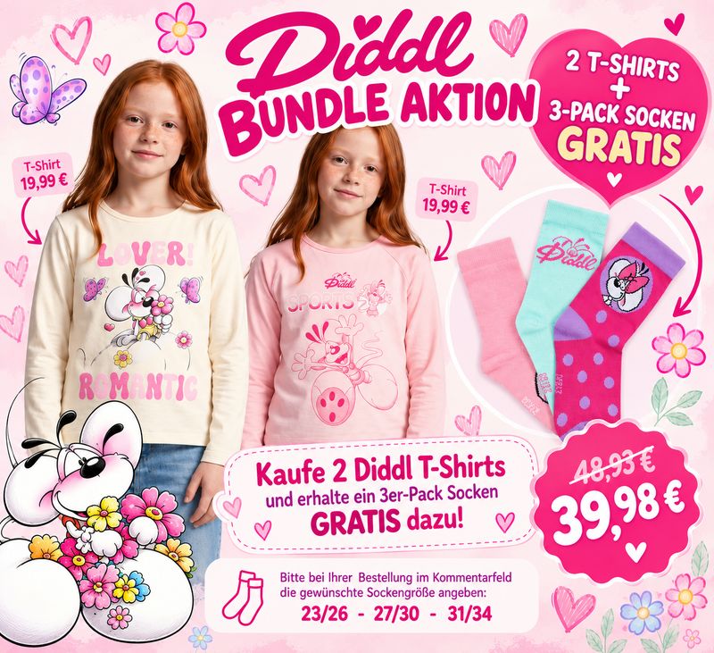 Diddl Bundle Deal – 2 T-Shirts + FREE 3-Pack of Diddl Socks – €39.98