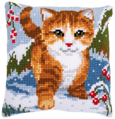 Kruissteek kussen Kat in de sneeuw
