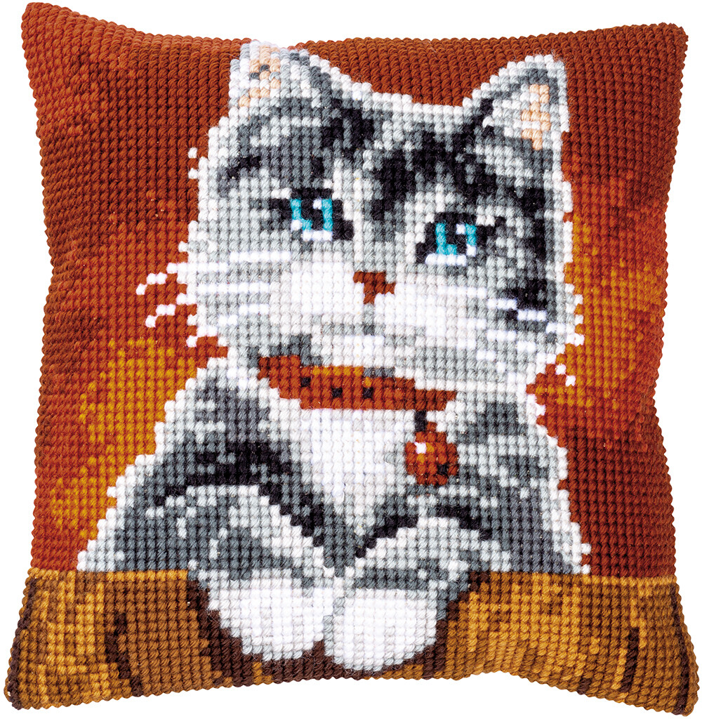 Kruissteek kussen Kat met halsband