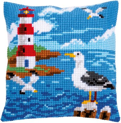 Kruissteek kussen Vuurtoren en meeuwen