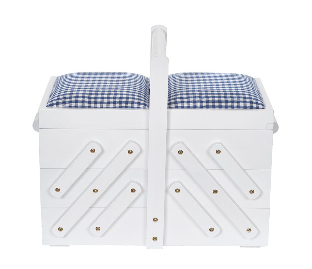 Houten naaibox wit met blauw geruite stof