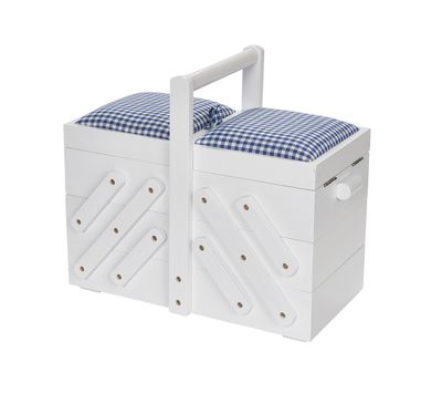 Houten naaibox wit met blauw geruite stof